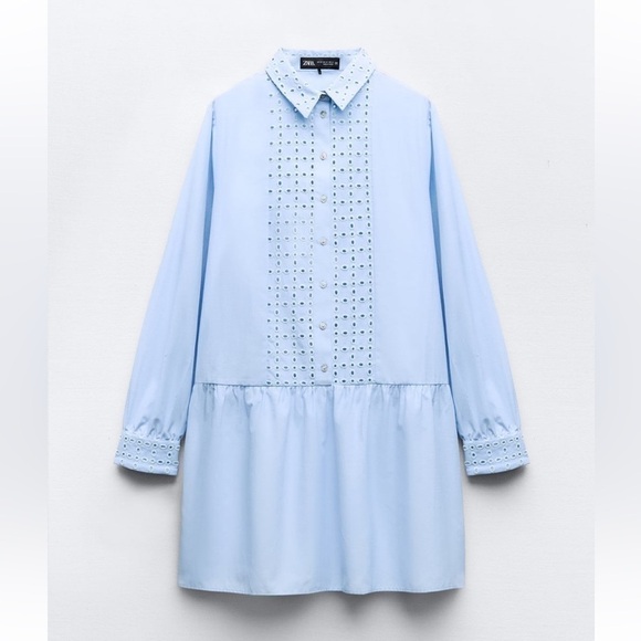 New ZARA Openwork Embroidered Long Sleeve Mini Dress - Picture 3 of 3
